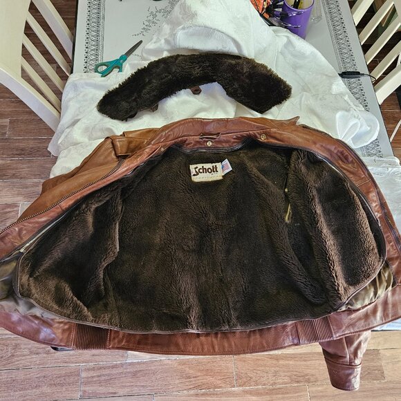 Vintage USA Men's SCHOTT BIKER FUR LINED BROWN LEATHER BOMBER Jacket Sz 44 - Picture 14 of 16